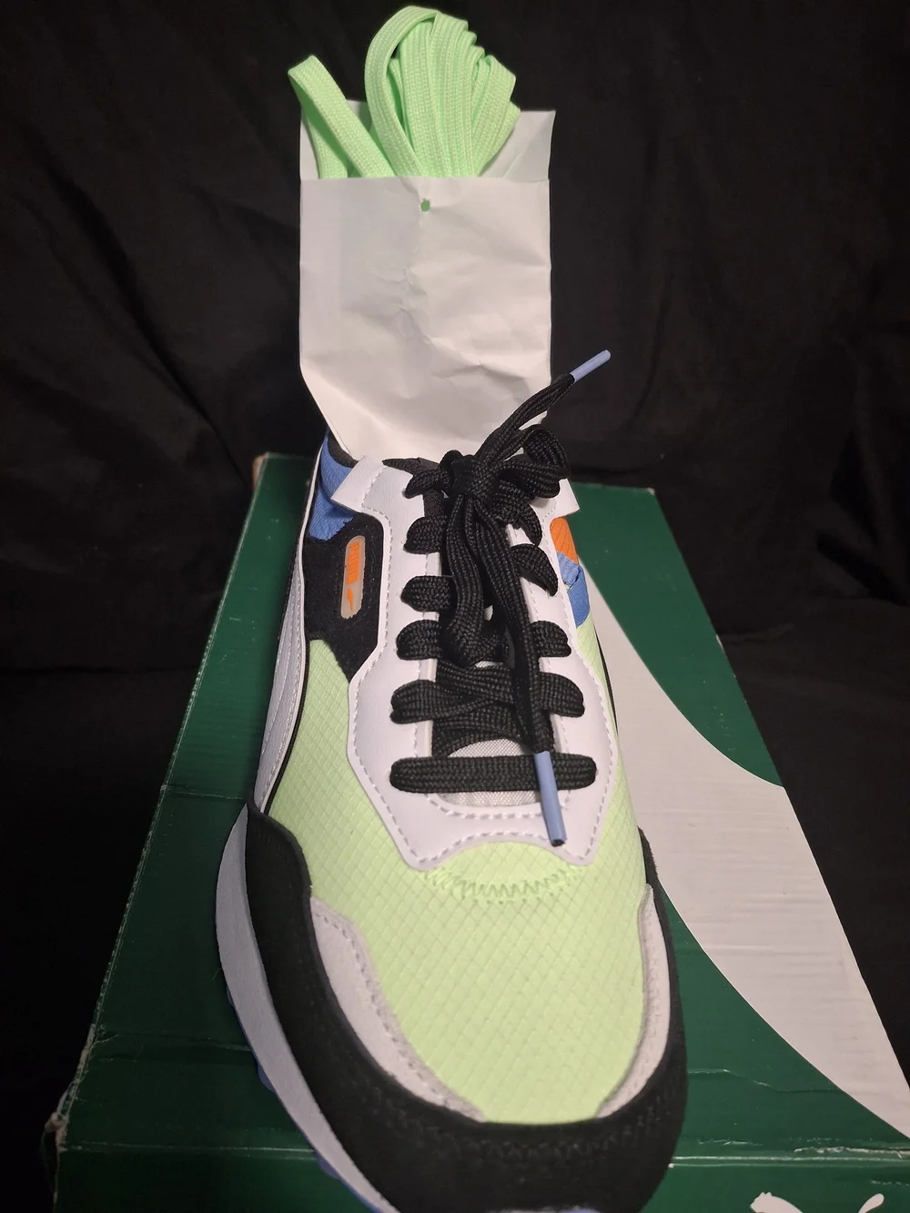 Puma Big Kids Chunky Trainer White Black Lime Green with Blue and Orange Accents